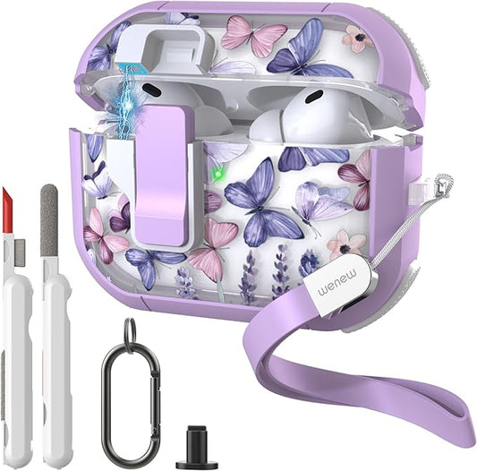 WENEW for AirPods Pro 3 Case (2025) Cover Secure Lock Automatic Snap Switch Clip Cleaner Kit Lanyard Women Stylish Flower Hard Shell Full Body Front LED Visible (Purple Butterfly, AirPods Pro 3)