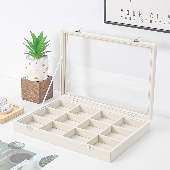 Coward Jewelry Organizer Box, Beige Velvet 12 Grids Bracelet Bangle Necklace Jewelry Display Tray Case with Transparent Glass Lid for Home Drawer Desk or Store Selling Show