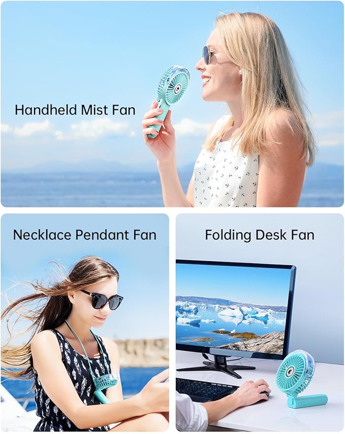 SWEETFULL Portable Misting Fan - 180° Foldable Handheld Personal Fan with Mist Spray, 3 Speeds, 30ml Water Tank, USB Rechargeable - Ideal for Travel, Outdoors, Makeup, Camping, Home, and Office Use