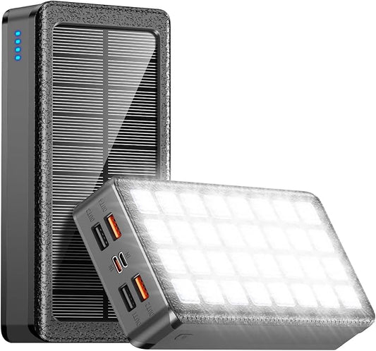 Solar Charger Power Bank 66800mAh Portable Charger with USB-C in/Output 22.5W QC3.0 Fast Charging 5 Out Ports Battery Pack Built-in 32 Led Flashlights for iPhone Samsung Tablet Camping