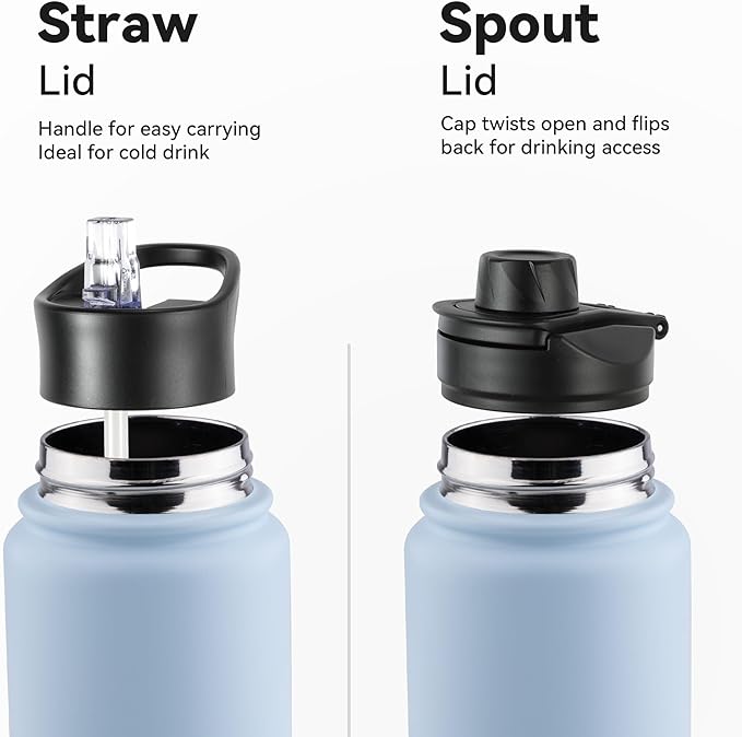 24oz Insulated Water Bottle with Straw Lid, Stainless Steel Metal Water Bottle with Straw & Wide Mouth Lid, Double Wall Vacuum Water Bottle for Hiking Camping, Light Blue 4 Pack