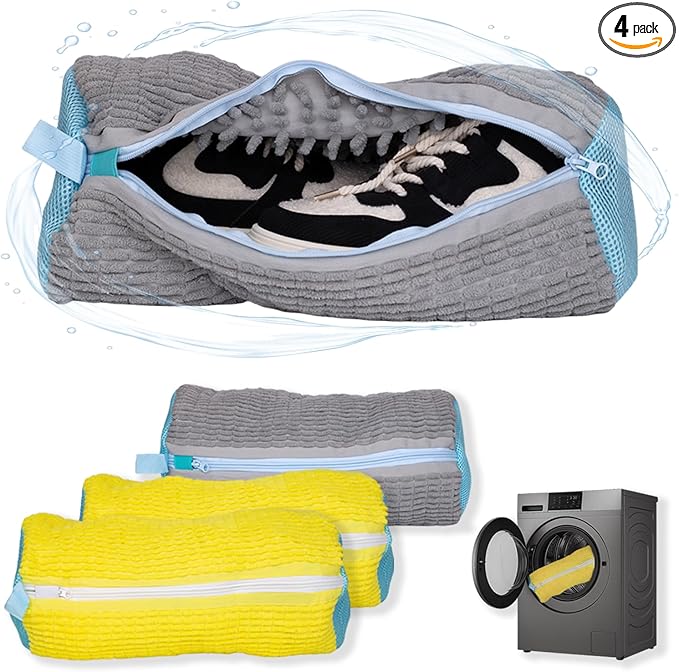 4 Pcs Shoe Washing Machine Bag, Laundry Shoe Bags for Washer and Dryer with Chenille Liner, Large Reusable Mesh Bag for Sneakers, Gym, Tennis, Sports, Delicate, 2 Color Mix(Yellow+Gray)