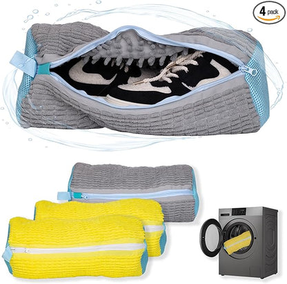 4 Pcs Shoe Washing Machine Bag, Laundry Shoe Bags for Washer and Dryer with Chenille Liner, Large Reusable Mesh Bag for Sneakers, Gym, Tennis, Sports, Delicate, 2 Color Mix(Yellow+Gray)