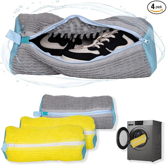 4 Pcs Shoe Washing Machine Bag, Laundry Shoe Bags for Washer and Dryer with Chenille Liner, Large Reusable Mesh Bag for Sneakers, Gym, Tennis, Sports, Delicate, 2 Color Mix(Yellow+Gray)