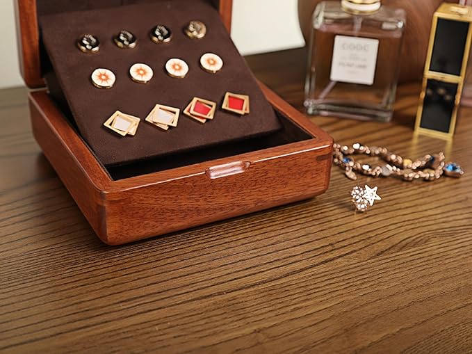 Solid Rosewood Cufflink Organizer Storage Box Genuine Wood Jewelry Case for 12 Cufflinks, Rings, Earrings Compact Travel Gift with Velvety Lining (Dark Brown/Light Coffee)