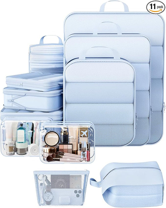 Veken 11 Set Compression Packing Cubes for Travel Essentials,Compressible Expandable Large Luggage Suitcase Organizer Bags for Clothing,Durable Space Saver Storage Bags with Toiletry Bags(Light Blue)