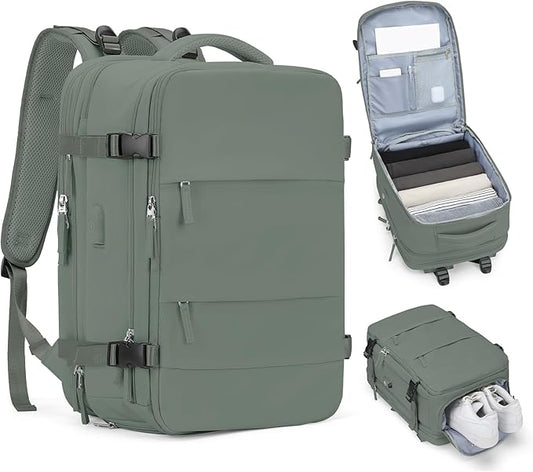 coofay Carry on Backpack Travel Backpack, Olive Green-expandable