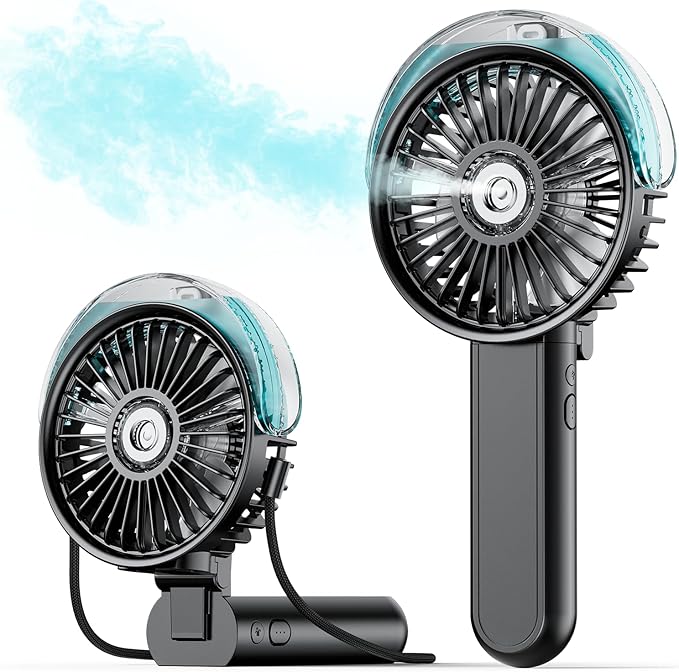 SWEETFULL Portable Misting Fan - 180° Foldable Handheld Personal Fan with Mist Spray, 3 Speeds, 30ml Water Tank, USB Rechargeable for Travel, Outdoors, Makeup, Camping, Home, and Office Use