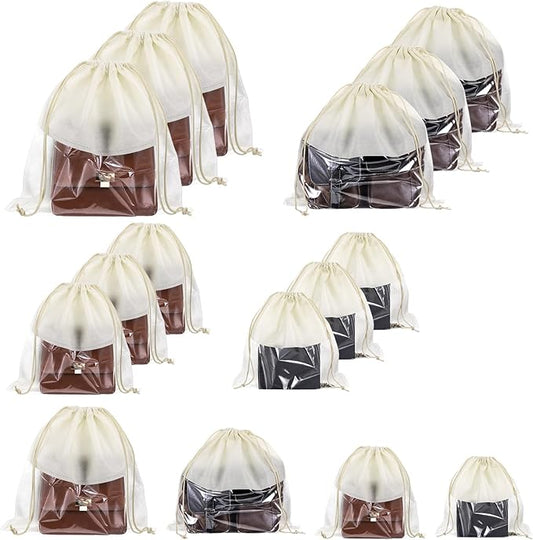 16 PCS Purse Dust Bags for Handbags Dustproof Drawstring Storage Bag with Clear Window, Non Woven Fabric Travel Shoe Storage Bag Beige Dust Cover Fabric Handbag Pouch Covers with Assorted Sizes