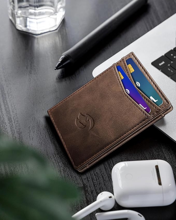 Magnetic Closure Slim Wallet with Money Clip Gift Boxed,Genuine Leather Front Pocket Wallet for Men, 3.9"x 2.11", RFID Blocking