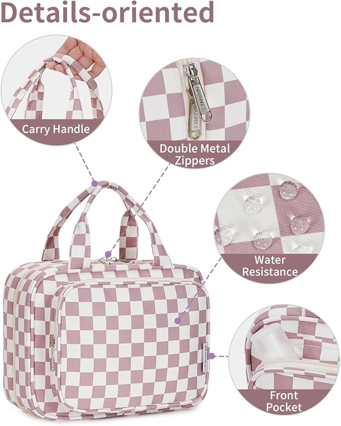 Narwey Travel Toiletry Bag for Women Large Hanging Makeup Bag Organizer Toiletries Bag for Full Size Essentials Accessories Cosmetics (Dusty Pink Checkerboard (Large))