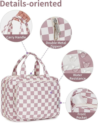 Narwey Travel Toiletry Bag for Women Large Hanging Makeup Bag Organizer Toiletries Bag for Full Size Essentials Accessories Cosmetics (Dusty Pink Checkerboard (Large))