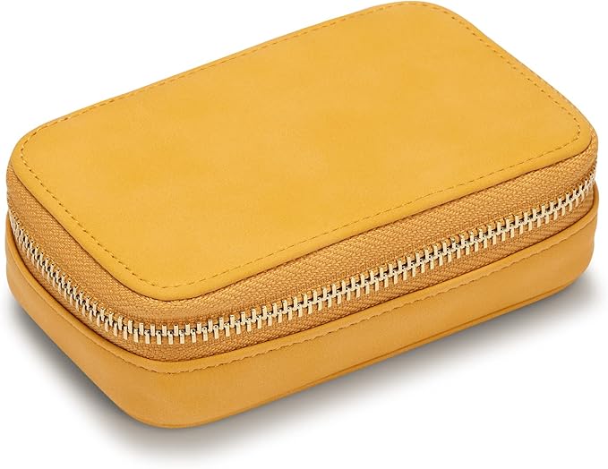 HISCOW Vegan Leather Travel Jewelry Case with Zipper - Portable Necklace & Earring Holder Organizer for Women Girls, Velvet-Lined Ring Box with Anti-Tarnish Design, Yellow
