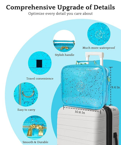 MOMIRA Travel Makeup Bag Cosmetic Bag with Lighted Mirror, Adjustable Brightness in 3 Color Scenarios/Detachable makeup mirror, 2024-All-round Upgrade, Waterproof, Gift for Women -Glett Blue