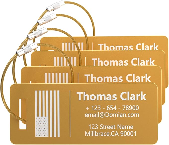 4 Personalized Metal Luggage Tags, Laser Engrave Name and Logo, Custom Aluminum Suitcase Tags with Steel Ring, for Travel, Backpack, Baggage (Golden)