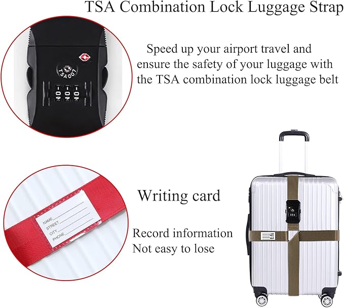 Luggage Straps for Suitcases TSA Approved Heavy Duty Adjustable Travel Belt Cross Suitcase Belts Luggage Tags with Name ID Card Travel Accessories Fit for 20-33 Inch Suitcase (Khaki)