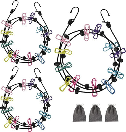 3 Pcs Travel Clothesline with 12 Colorful Clips, Portable Clothes Line Elastic Travel Clothesline for Indoor and Outdoor Balcony Outdoor Camping Use