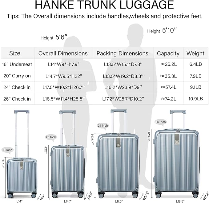 Hanke 20 Inch Carry On Suitcase PC Hardshell Luggage Top Open Aluminum Frame Rolling Suitcases with Wheels Travel Luggage for Woman Men Gifts.(Grey)