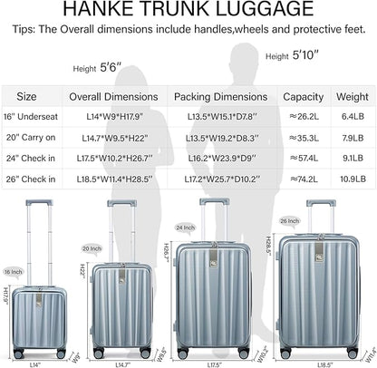 Hanke 20 Inch Carry On Suitcase PC Hardshell Luggage Top Open Aluminum Frame Rolling Suitcases with Wheels Travel Luggage for Woman Men Gifts.(Grey)