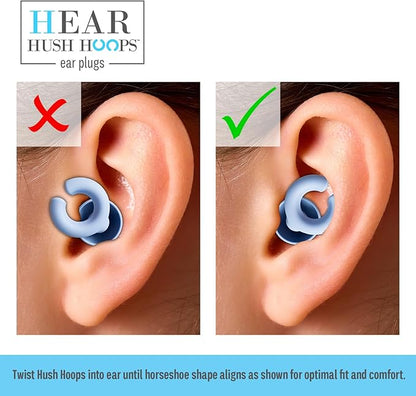 Hush Hoops Ear Plugs, Ultra-Soft Reusable Silicone Plugs with Horseshoe Shape for Comfort, Designed for Sleep and Sound Suppression, 17dB (NRR) Noise Reduction Rating, Blue, 1 Pair with Travel Case