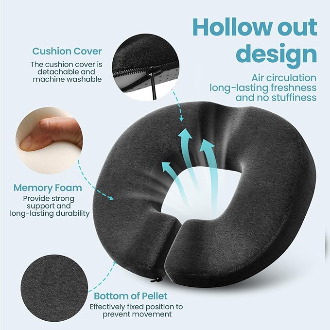 Benazcap Donut Pillow Seat Cushion, Donut Chair Cushions for Postpartum Pregnancy & Hemorrhoids, Memory Foam Seat Chair Cushion for Sciatica & Hip & Coccyx Pain Relief-Black