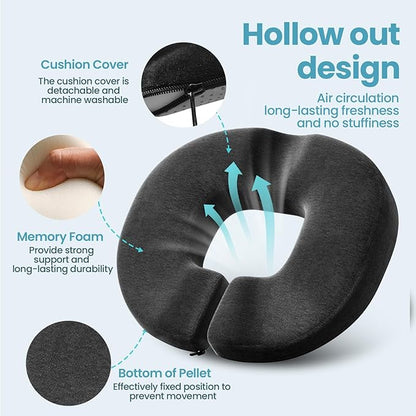 Benazcap Donut Pillow Seat Cushion, Donut Chair Cushions for Postpartum Pregnancy & Hemorrhoids, Memory Foam Seat Chair Cushion for Sciatica & Hip & Coccyx Pain Relief-Black