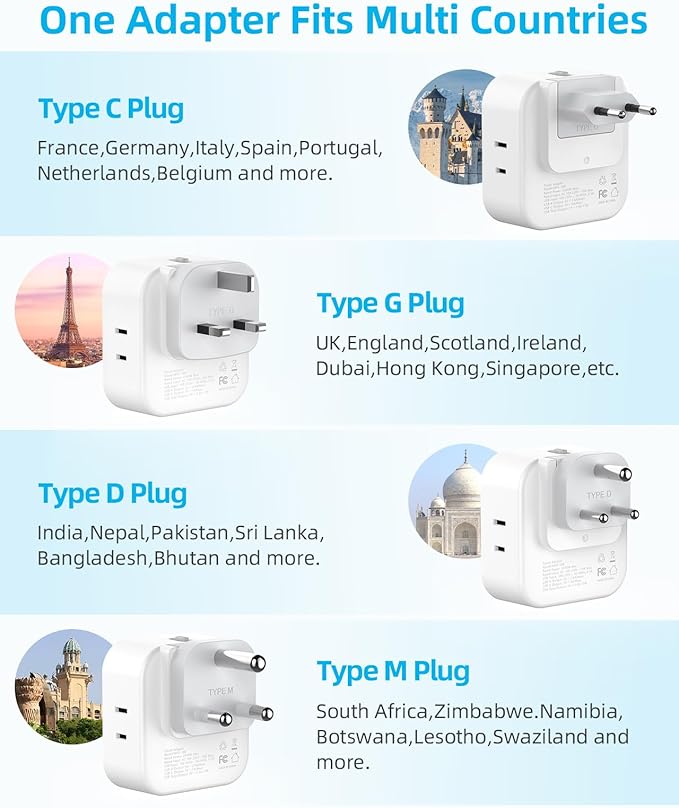 European Travel Plug Adapter Set, 8-in-1 Travel Adapter with 4 Outlets, 4 USB Ports (2 USB C), US to UK/EU/South Africa, International Power Adapter with Type C/G/D/M Detachable Plugs