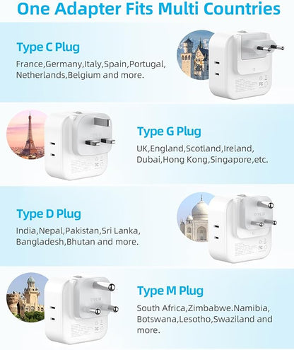 European Travel Plug Adapter Set, 8-in-1 Travel Adapter with 4 Outlets, 4 USB Ports (2 USB C), US to UK/EU/South Africa, International Power Adapter with Type C/G/D/M Detachable Plugs