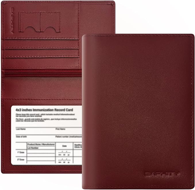 Genuine Leather Passport Holder Wallet Cover for Women,Rfid Travel Wallet Passport Document Holder with Zipper Pocket & Transparent Window Gift for Women - Wine Red