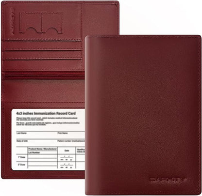 Genuine Leather Passport Holder Wallet Cover for Women,Rfid Travel Wallet Passport Document Holder with Zipper Pocket & Transparent Window Gift for Women - Wine Red