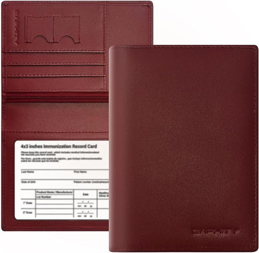 Genuine Leather Passport Holder Wallet Cover for Women,Rfid Travel Wallet Passport Document Holder with Zipper Pocket & Transparent Window Gift for Women - Wine Red