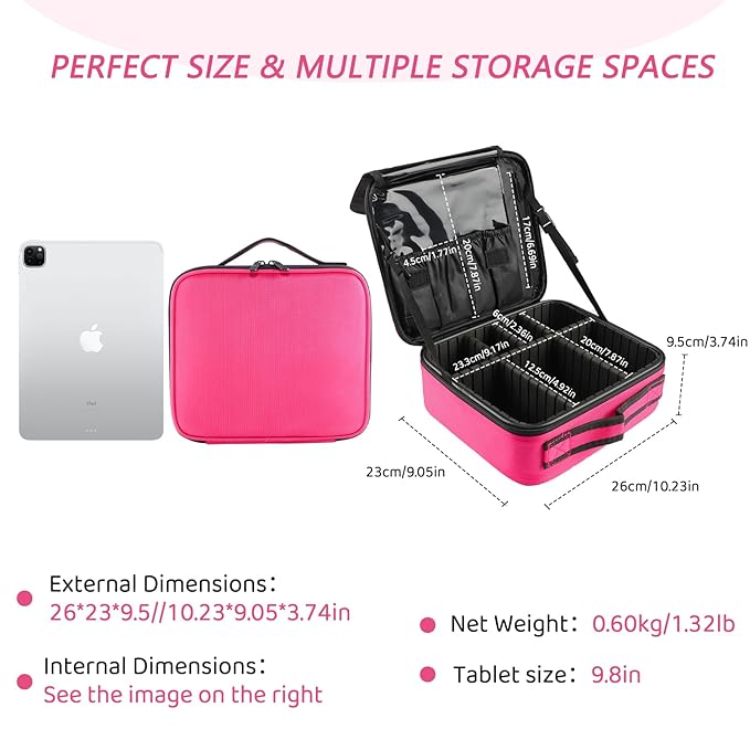 gzcz Travel Makeup Bag,Portable Makeup Case for Women,Professional Cosmetic Train Case Organizer Artist Storage Bag With Adjustable Dividers Brushes Toiletry Jewelry Digital Accessories