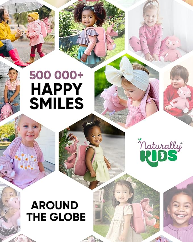 Naturally KIDS Pink Triceratops Toy, Triceratops Stuffed Animal for 2 3 4 5 Year Old Girl, Stuffed Dinosaur for Girls, Pink Toddler Backpack