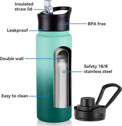 Gradient Green 8 Pack: 24oz Insulated Stainless Steel Metal Water Bottle with Straw & Wide Mouth Lid, Double Wall Vacuum Bottle for Hiking & Camping