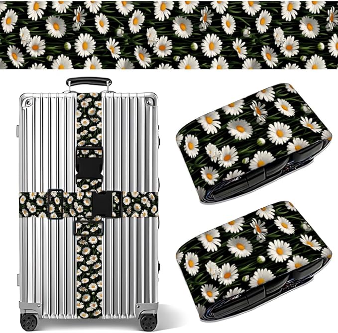2PC,Daisy Flower Luggage Strap 1.97 x 70.84 inch White Floral Design Adjustable Suitcase Belt Durable Nylon Baggage Identifier for Elegant Travel Accessory