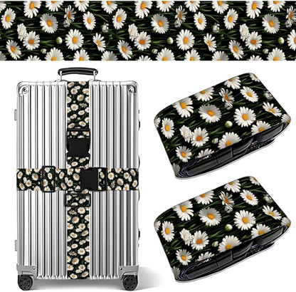 2PC,Daisy Flower Luggage Strap 1.97 x 70.84 inch White Floral Design Adjustable Suitcase Belt Durable Nylon Baggage Identifier for Elegant Travel Accessory