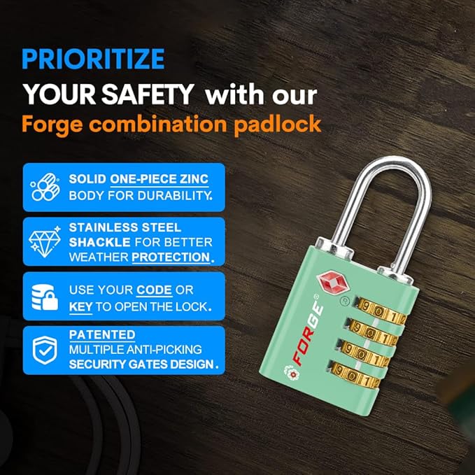 Forge Dual-Opening: Key or Combination Access Lock, TSA Approved Locks for Luggage, Pelican case, Travel, Gym, School, Stainless Steel Shackle. (Green, 4 Pk)
