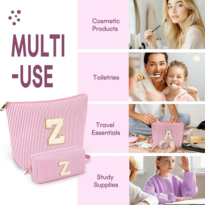 2 PCS Initial Makeup Bags for Women: Cosmetic Bag for Travel Toiletry - Birthday Gifts for 11 12 13 14 15 16 17 18 Years Old Girl Graduation Teacher Gift- Teen Girl Gifts Trendy Stuff - Pink Z