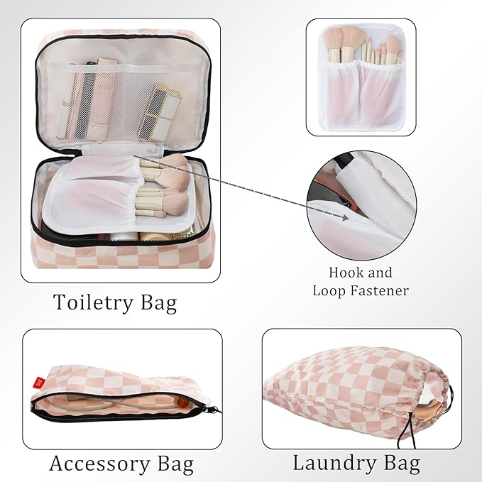 U+U 8 Set Compression Packing Cubes - Ultralight Travel Organizers with Laundry Bag and Cosmetic Bag, Space-Saving Suitcase Organizer for Travel, Business Trip and Family Vacation (Khaki Checkered)