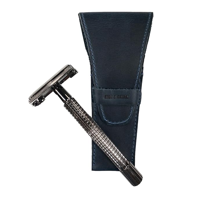 Hide & Drink, Leather Safety Razor Case, Shaving Accessories, Personal Care Essentials, Handmade Includes 101 Year Warranty (Slate Blue)