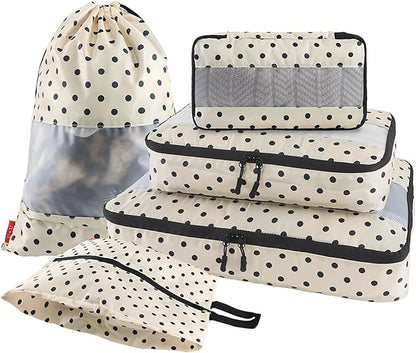 U+U 5 Set Packing Cubes for Travel Essentials Ultralight Luggage Packing Organizers with Laundry Bag and Shoe Bag for Vacation, Business Trip and Camping (Polka Dot)