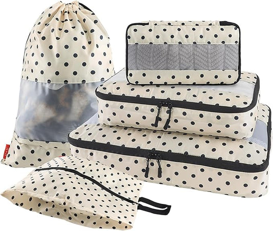 U+U 5 Set Packing Cubes for Travel Essentials Ultralight Luggage Packing Organizers with Laundry Bag and Shoe Bag for Vacation, Business Trip and Camping (Polka Dot)