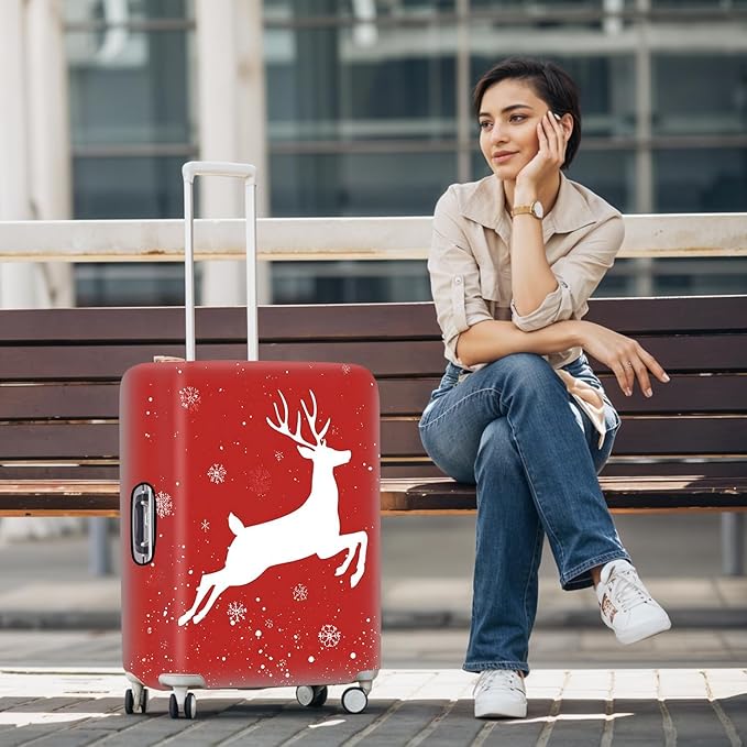 Red Christmas Deer Luggage Cover – Reindeer Suitcase Protector, Stretchable Waterproof Holiday Travel Luggage Sleeve, L