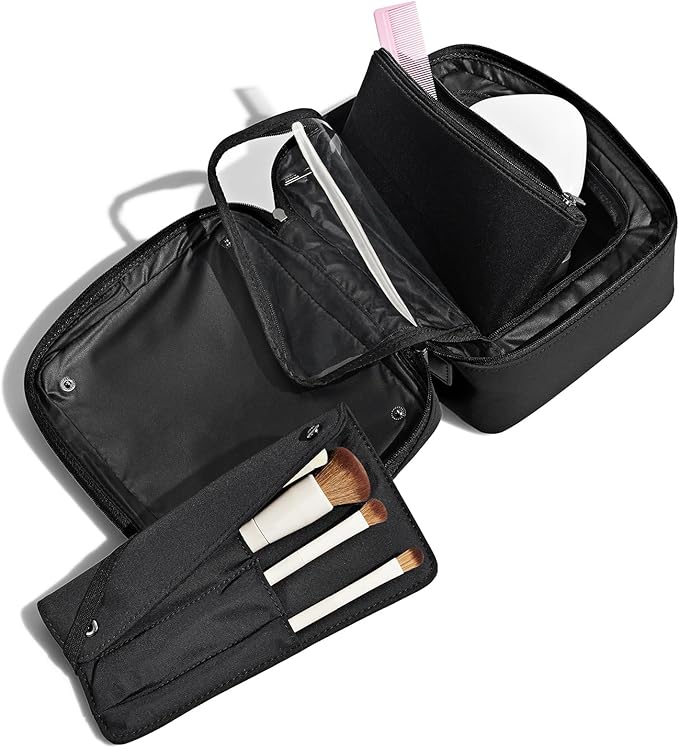 Away Cosmetics Bag, Makeup Bag with Detachable Brush Roll, Waterproof, Clear Zip Pockets, Travel Friendly, Jet Black