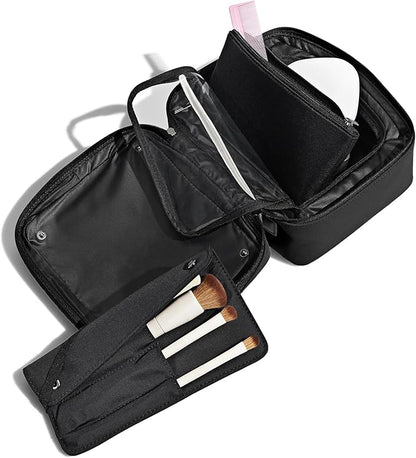 Away Cosmetics Bag, Makeup Bag with Detachable Brush Roll, Waterproof, Clear Zip Pockets, Travel Friendly, Jet Black