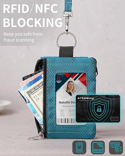 Minimalist Wallet For Mens Womens, Keychain RFID Blocking Zipper Small Wallet with ID Window 2 Lanyards,Water Resistant Travel Cash Card Coin Case Boys Girls