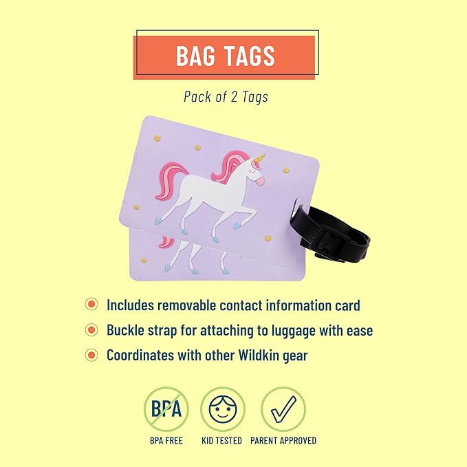 Wildkin Kids Luggage Tags – Set of 2, Durable Bag Tags w/Info Card for Suitcases & Backpacks - Unicorn