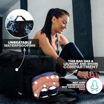 Bago Foldable Duffel Bags for Traveling Women & Men - 60L Medium Packable Duffle Bag for Travel with Shoe Compartment - Water Repellant, Heavy Duty, Lightweight Folding & Collapsible (All Black)