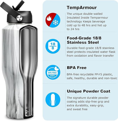 HYDROWION Water Bottle Stainless Steel,Vacuum Insulated Leak Proof Tumbler 32oz with Straw Lid, Spout Lid and Flex Cap(Cold for 48 Hrs, Hot for 24 Hrs), Fit in Any Car Cup Holder, Marbling