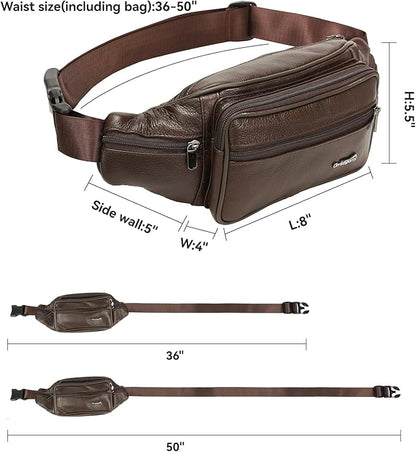 Genuine Leather Fanny Pack For Men and Women Multiple Pockets Waist Bag with Adjustable Strap for Travel Casual Sports Hiking Cycling Fishing Running Brown Belt Bag